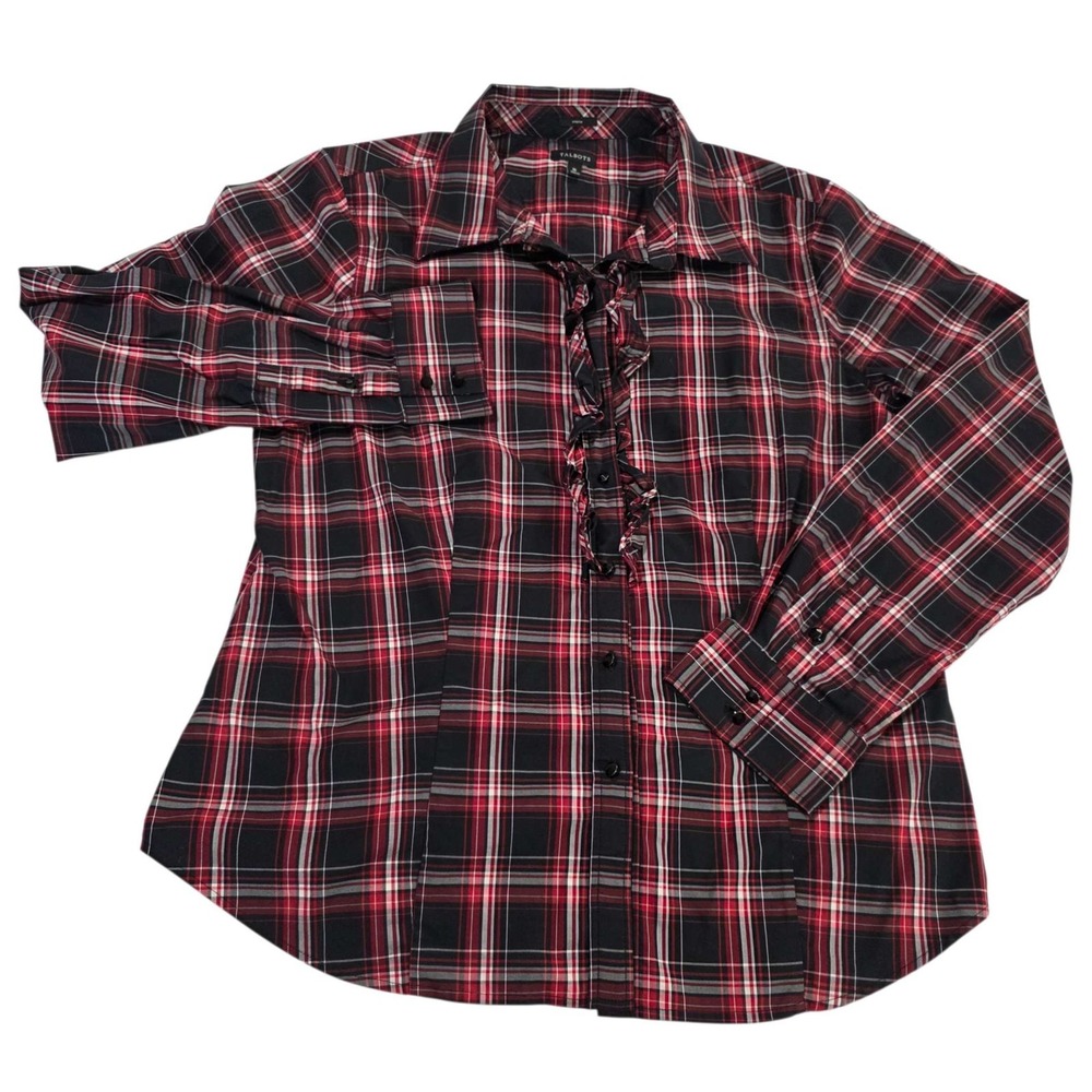 Talbots Plaid Ruffle Front Button Down Shirt Blouse Size 16 Red Black White